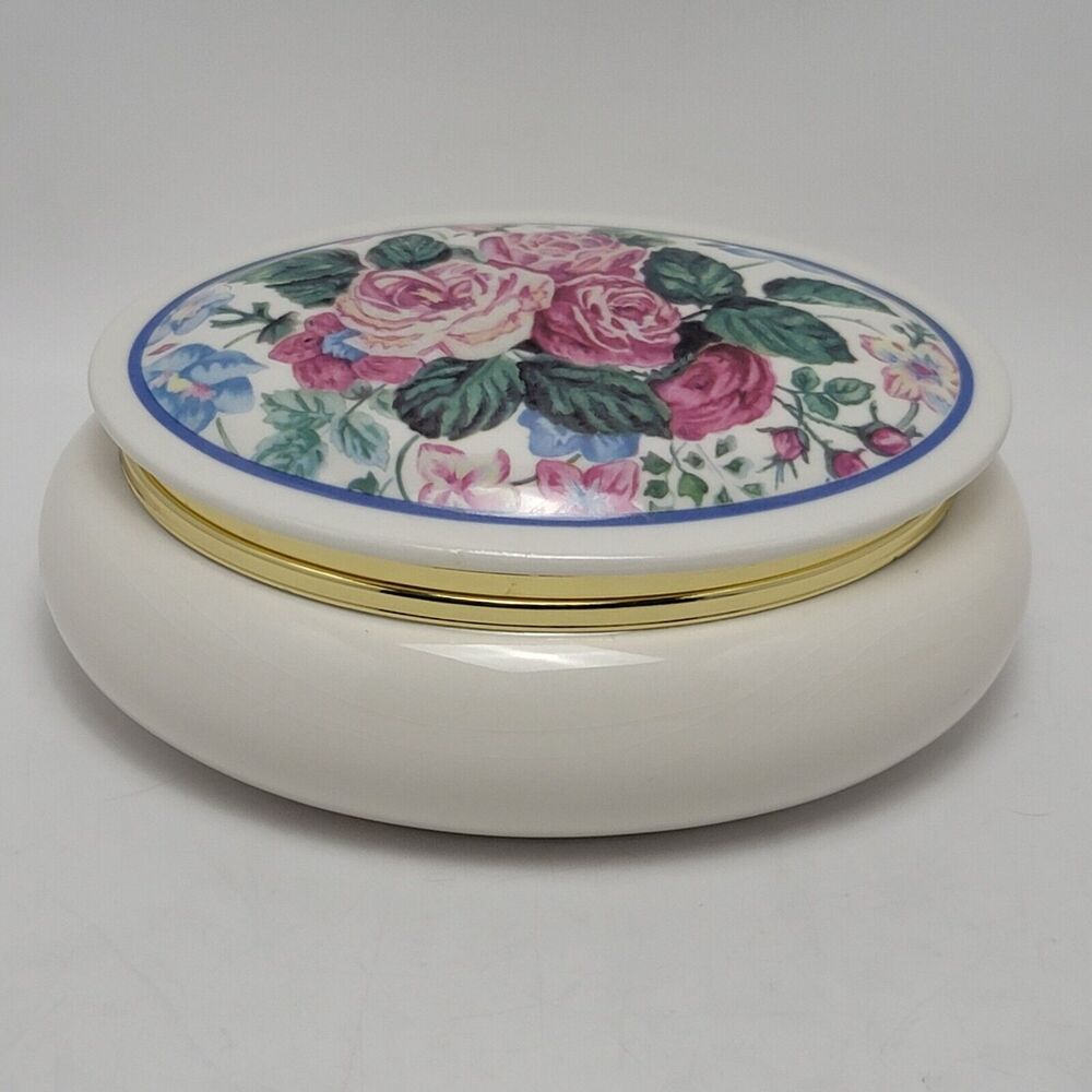 PS 1998 Vintage Floral Porcelain Ceramic Ova Trinket Box Music Jewelry Case